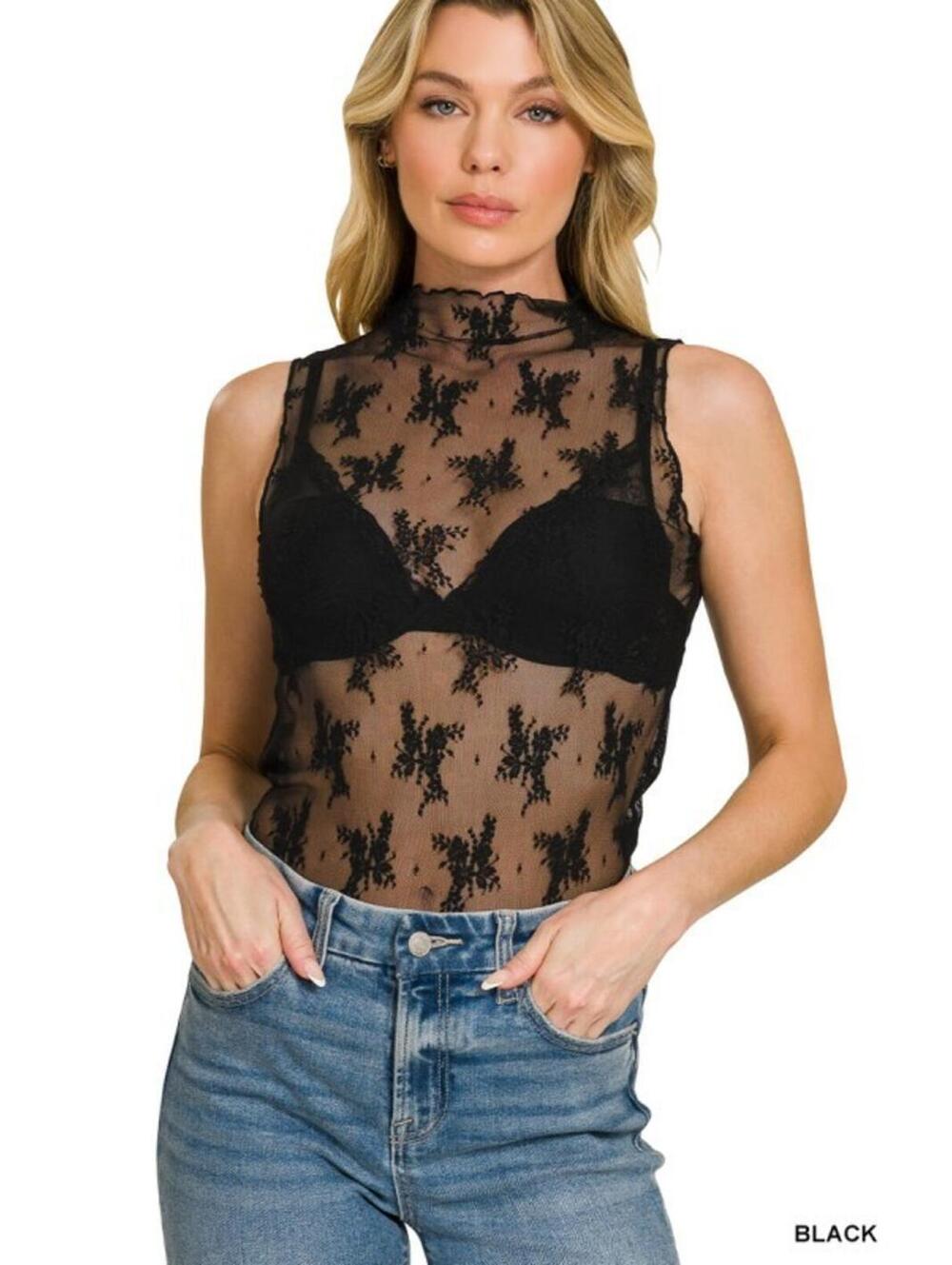 Black Sheer Floral Lace Sleeveless Top